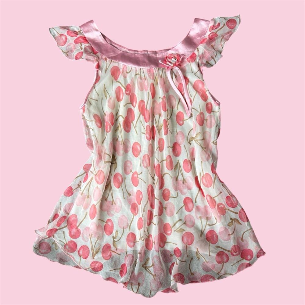 Euro fairycore Pink cherry print babydoll top with ruffle sleeves and bow detail
